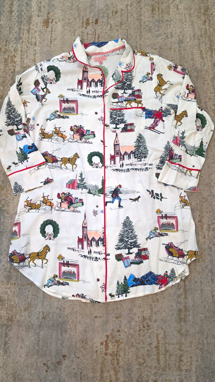 Katie Kime M Button-Up Long Sleeve Point Collar Christmas Sleep Shirt